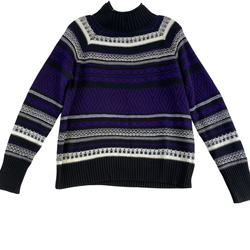 NWT‎ Chaps Fair Isle Mock Neck Knit Sweater Sz M Purple Black White Pattern